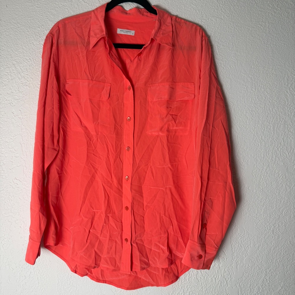 Equipment Femme Women's M Coral Orange 100% Silk Long Sleeve Button Down Blouse